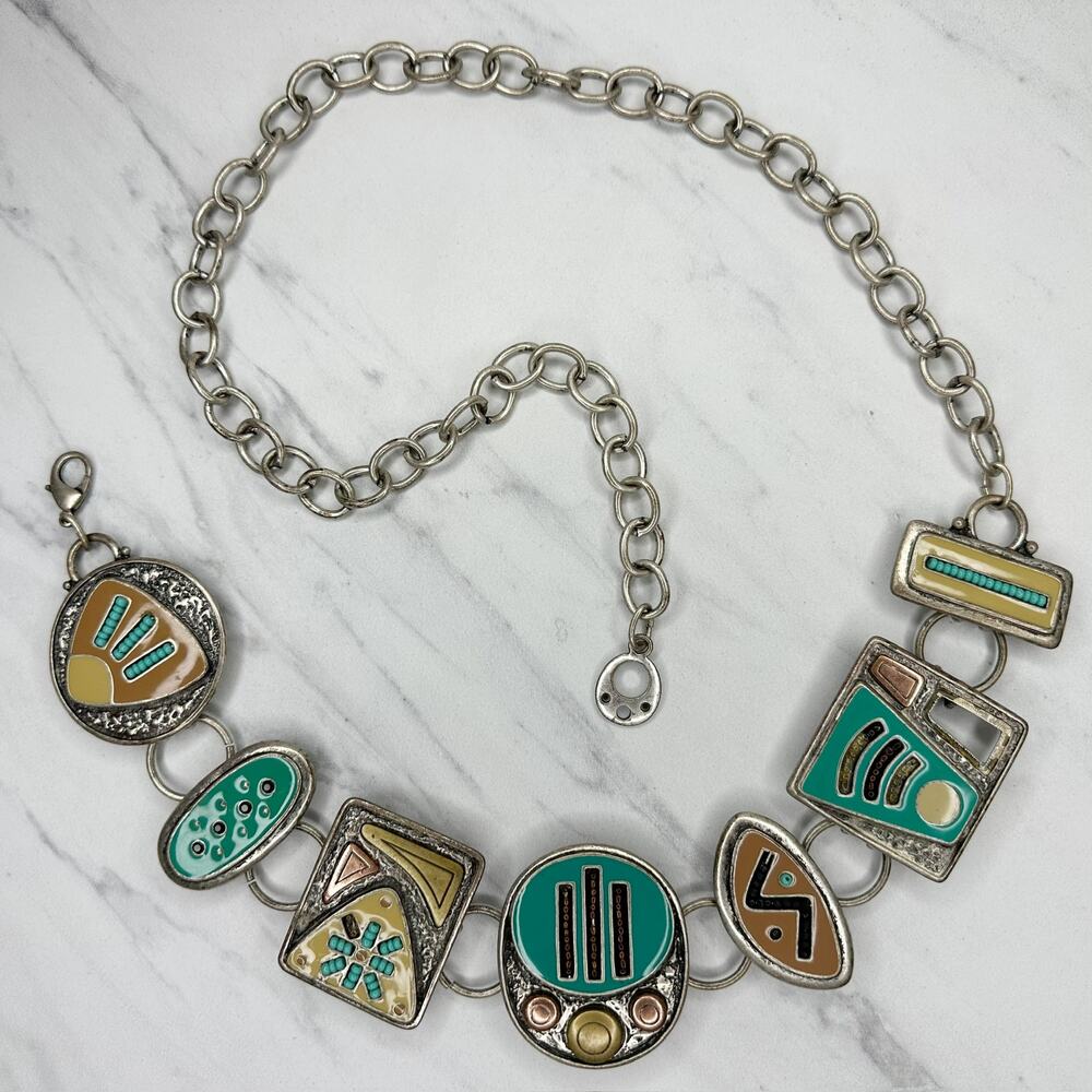 Chico's Vintage Geometric Panel Silver Chain Belt S/M ✨